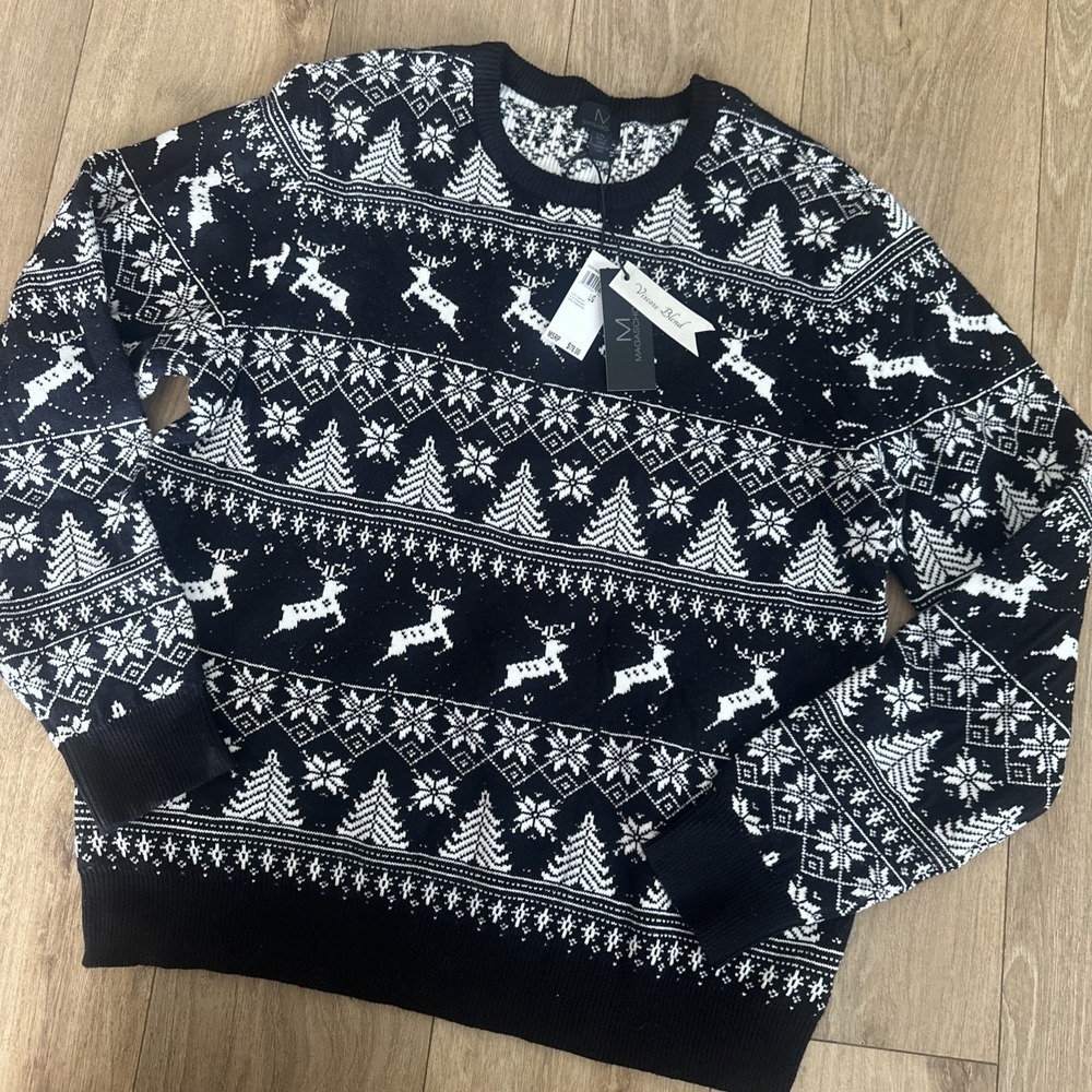 Magaschoni Men's Holiday Sweater Medium Viscose Blend Deer‎ Snowflake Black NWT